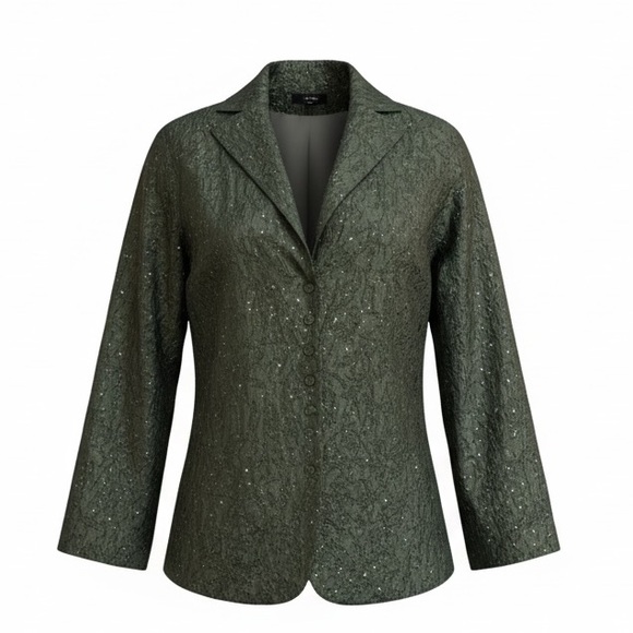 EILEEN FISHER Silk Embroidered Green Sequin Jacket Size S Holiday Christmas